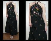Vintage 70s black halter maxi dress w multicolored floral embroidery peacock design - bohemian disco summer party dress - size M