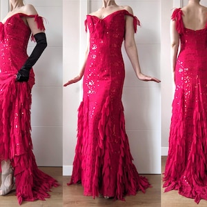 Vintage 90s Red Sequined Evening Gown - Sleeveless Spanish Flamenco-inspired Long Formal Dress With Frills, Feathers and Train - Size M - Etsy Vintage 90s Red Sequined Evening Gown - Sleeveless Spanish Flamenco-inspired Long Formal Dress With Frills, Feathers and Train - Size M - Etsy