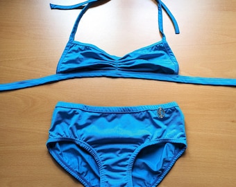 Vintage 70s blue bikini - bandeau / triangle halter bra & briefs two piece swimsuit - NOS / never worn bathing suit made in Spain - size XS