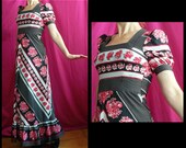 Vintage 60s - 70s maxi dress w pink roses and black white polka dot print - long gown w short peasant sleeves and empire waist - S M