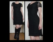 Vintage 60s black lace midi pencil dress w sheer sleeves buttoned empire waist - gothic babydoll cocktail party dress - size S M