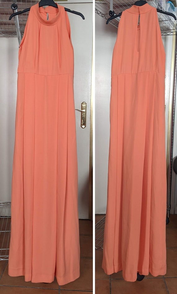 Vintage 70s peach crepe chiffon halter maxi dress… - image 7