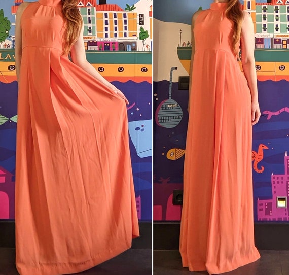 Vintage 70s peach crepe chiffon halter maxi dress… - image 2