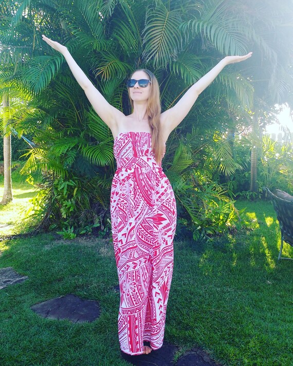 Vintage 80s-90s Hawaiian Dress W/ Red, White & Glitter Geometric and Floral  Print - Strapless Empire Waist Maxi Gown Made in Hawaii - Sz M L - Etsy