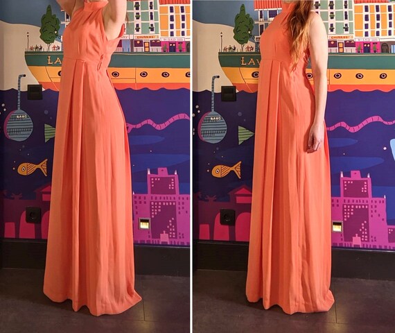 Vintage 70s peach crepe chiffon halter maxi dress… - image 5