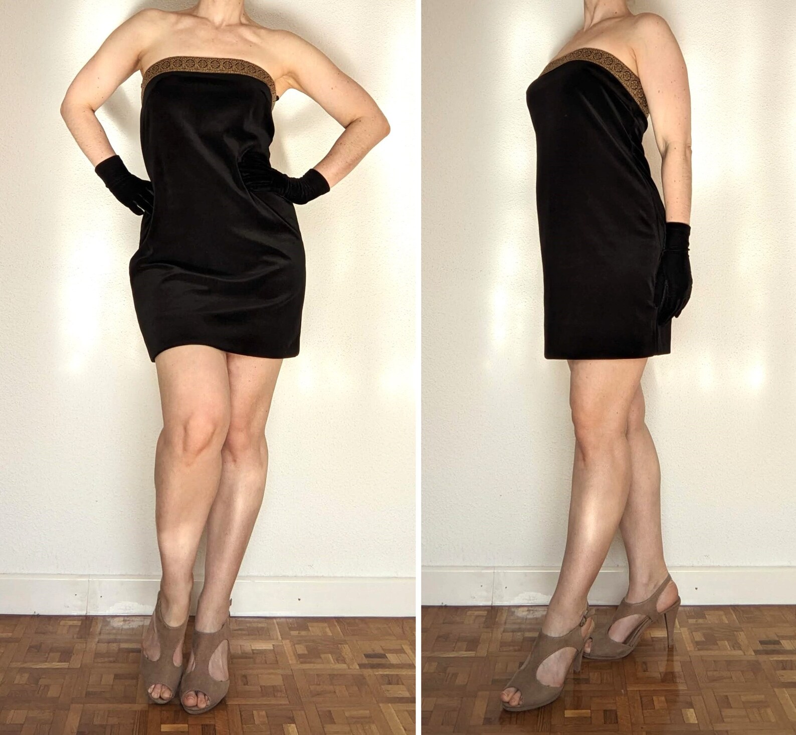 Vintage 80s Black Velvet Mini Dress W/ Gold Embroidered Trim ...