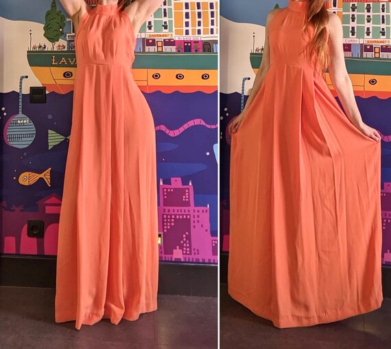 Vintage 70s peach crepe chiffon halter maxi dress… - image 4