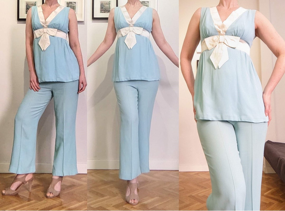 Vintage 60s70s Baby Blue Pantsuit Crepe Empire Waist Top W/ White