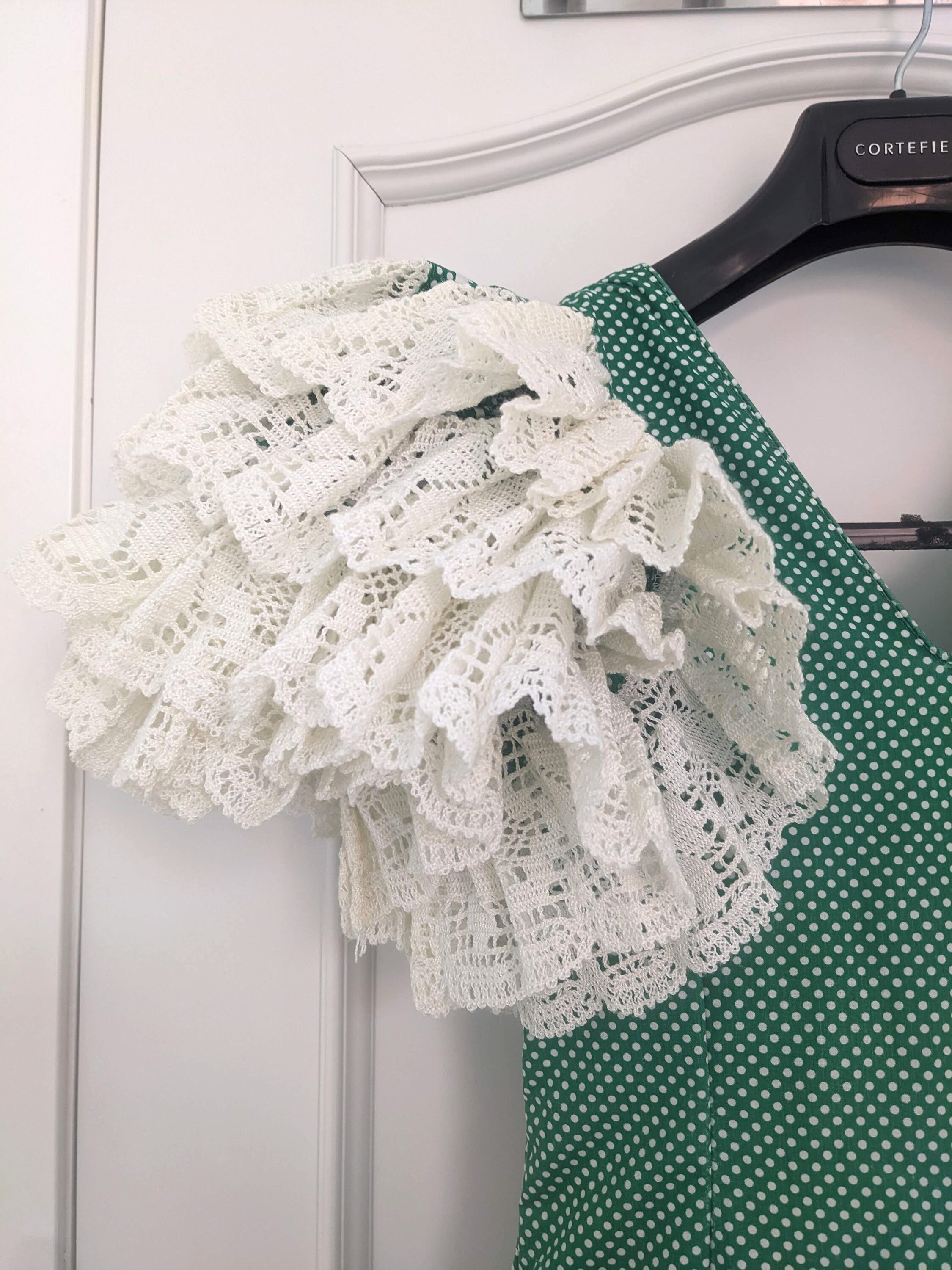 Spanish Ruffles Vintage 70s Flamenco Dress - Green W/ White Polka Dots, Satin Trim ...