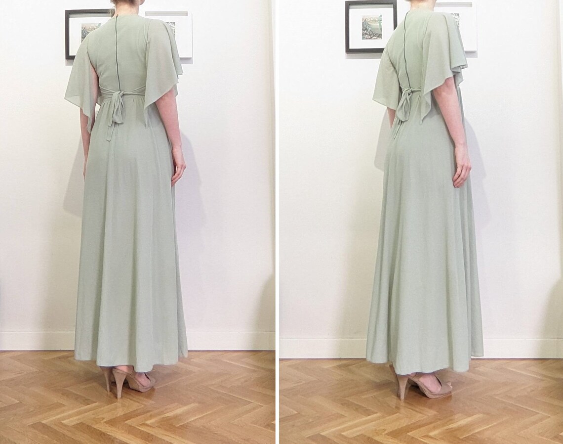 VTG 60S 70S BLUE GREEN BLACK ABSTRACT PLUNGE EMPIRE FLOATY MAXI DRESS 14