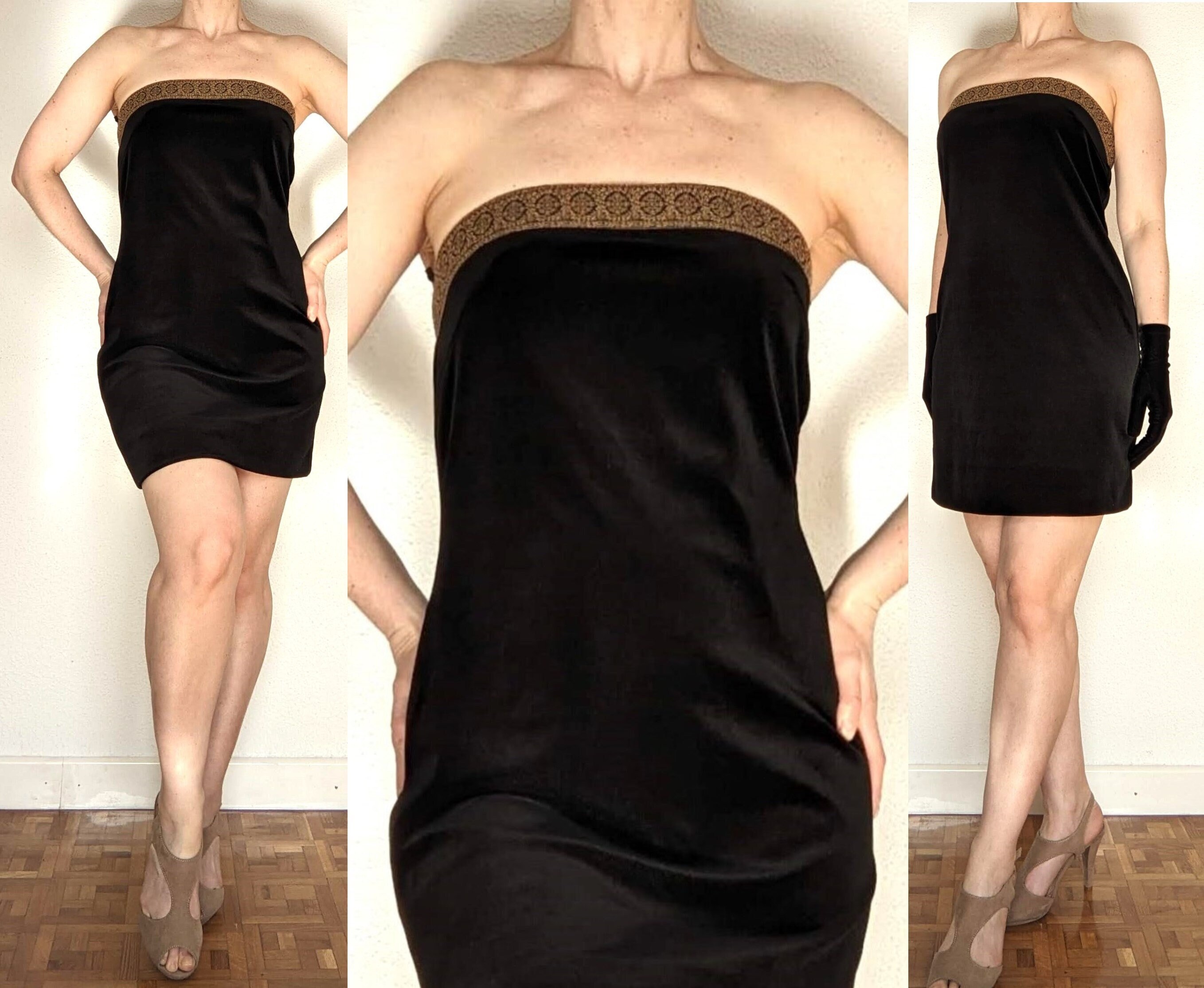 Vintage 80s Black Velvet Mini Dress W/ Gold Embroidered Trim ...