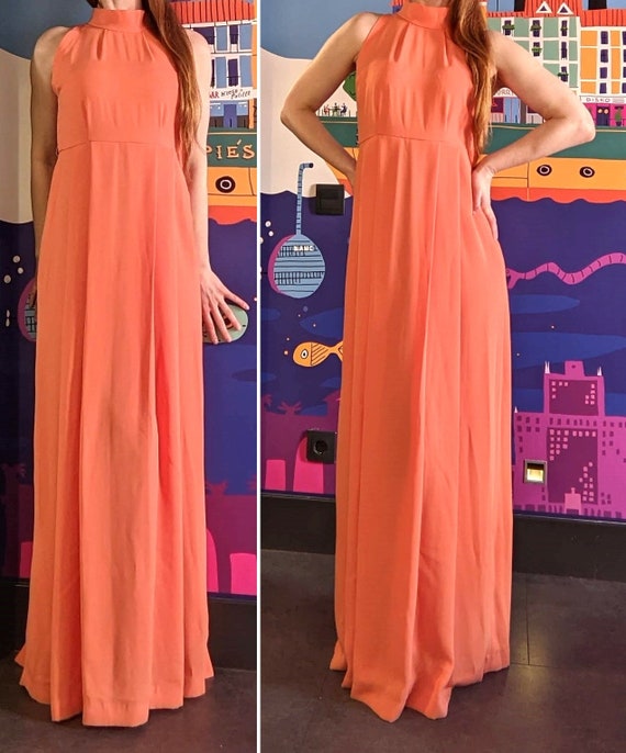 Vintage 70s peach crepe chiffon halter maxi dress… - image 3