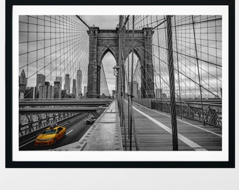 Brooklyn Bridge Print, Taxi Cab Print, New York City Photography, NY Black and White Print, Yellow Cab Print, NYC Wall Art, 76