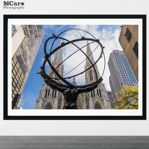 St Patricks Cathedral Print, Rockefeller Center Print, Atlas Print, Rock Center, Black & White, New York City Photography, NY Print, 157