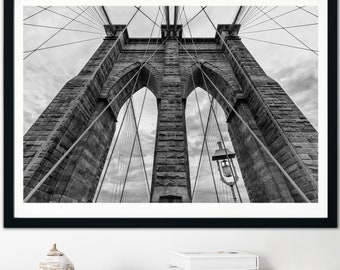 Impression du pont de Brooklyn, photographie de la ville de New York, ciel nuageux dramatique, photographies de voyage pour votre maison, haut du pont, vieux New York, 127