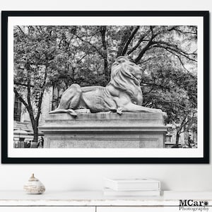 New York Print, Library Lions Print, New York Public Library Print, NYC Art Print, NY Wall Art, New York Photography, Black & White Art, 47