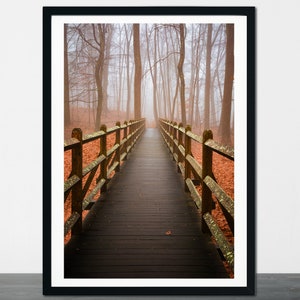 Wooden Bridge Print, Autumn Fog Print, Forest Print, Foggy Forest Print, Autumn Foliage, Rustic Home Decor, Living Room Print, 19
