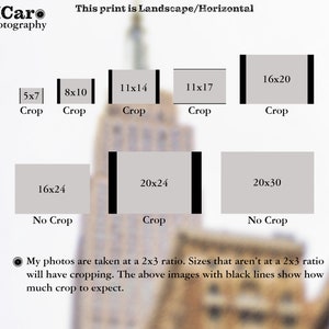 May include: Diagram showing how different print sizes will be cropped when printed in a 2x3 ratio. The diagram shows the print sizes 5x7, 8x10, 11x14, 11x17, 16x20, 16x24, 20x24, and 20x30. The print sizes with black lines around them will be cropped.