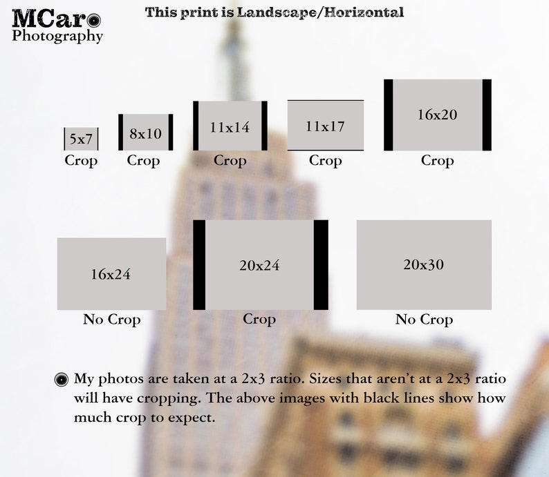 May include: Diagram showing how different print sizes will be cropped when printed in a 2x3 ratio. The diagram shows the print sizes 5x7, 8x10, 11x14, 11x17, 16x20, 16x24, 20x24, and 20x30. The print sizes with black lines around them will be cropped.