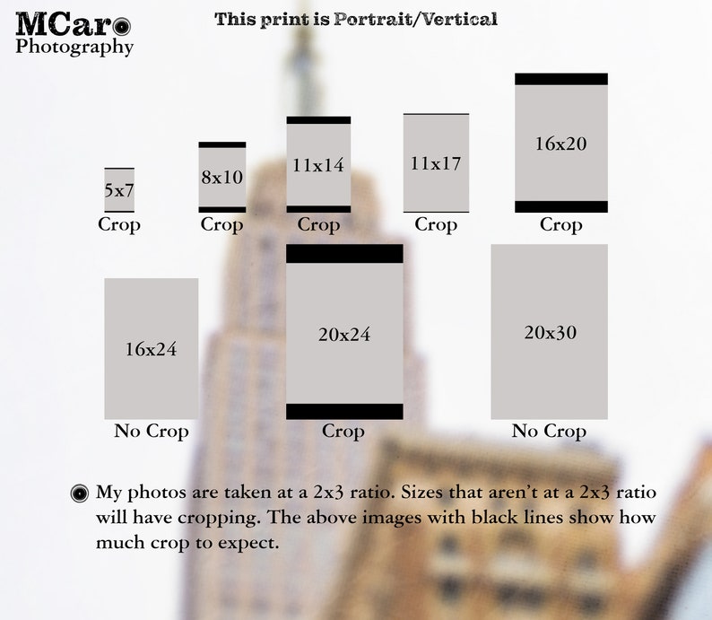 May include: A chart showing different print sizes and how much cropping will occur for each size. The chart shows that prints with a 2x3 ratio will not be cropped, while prints with other ratios will be cropped. The chart also shows the amount of cropping that will occur for each size.