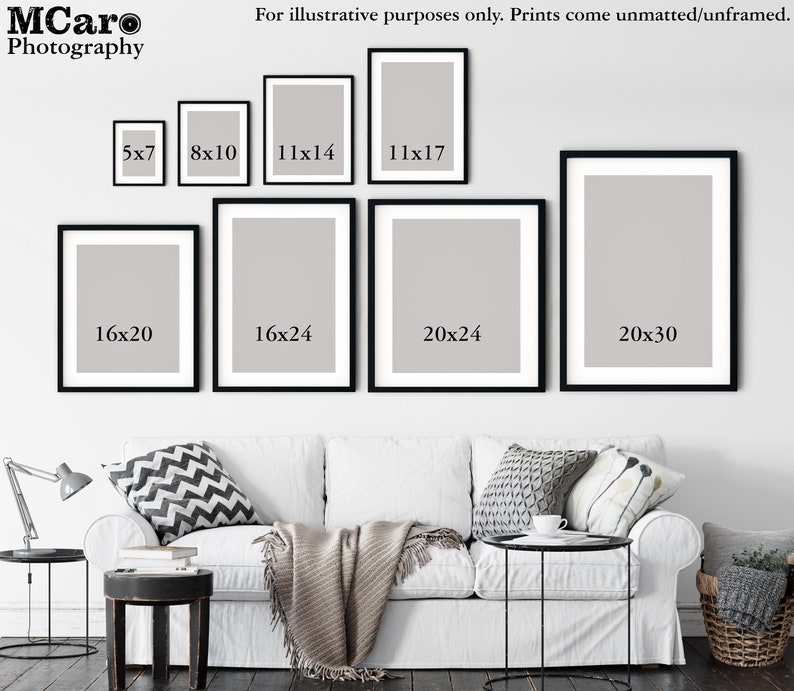 May include: A white wall with a white couch and black end tables. There are eight black picture frames with white mats hanging on the wall. The frames are labeled with different sizes in inches, such as 5x7, 8x10, 11x14, 11x17, 16x20, 16x24, 20x24, and 20x30.