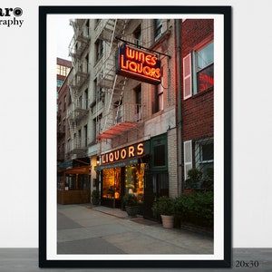 May include: A red neon sign with the words "Wines Liquors" above a storefront with a green awning and the words "Liquors" in a smaller neon sign. The building is brick with a fire escape and a window with white shutters.