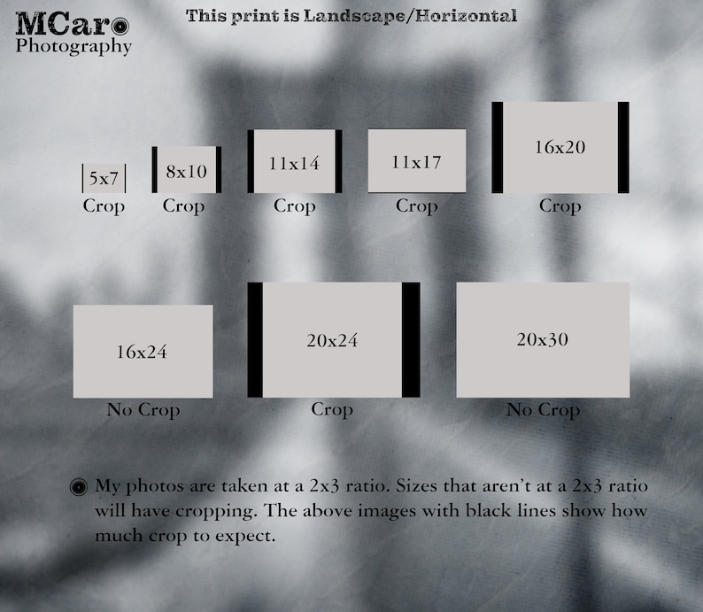 May include: A diagram showing different print sizes and how much cropping will occur when printing photos taken at a 2x3 ratio. The diagram shows the print sizes 5x7, 8x10, 11x14, 11x17, 16x20, 16x24, 20x24, and 20x30. The print sizes with black lines around them indicate that cropping will occur.