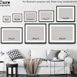 May include: A white wall with black picture frames of different sizes, displaying various print sizes, including 5x7, 8x10, 11x14, 11x17, 16x20, 16x24, 20x24, and 20x30 inches. The frames are hanging on a white wall above a white couch with gray throw pillows and a blanket.