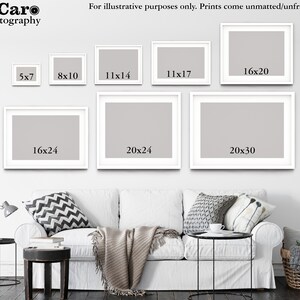 May include: A white wall with a variety of white picture frames of different sizes. The frames are arranged in a grid pattern. The frames are labeled with the dimensions of the prints they could hold, such as 5x7, 8x10, 11x14, 11x17, 16x20, 16x24, 20x24, and 20x30.