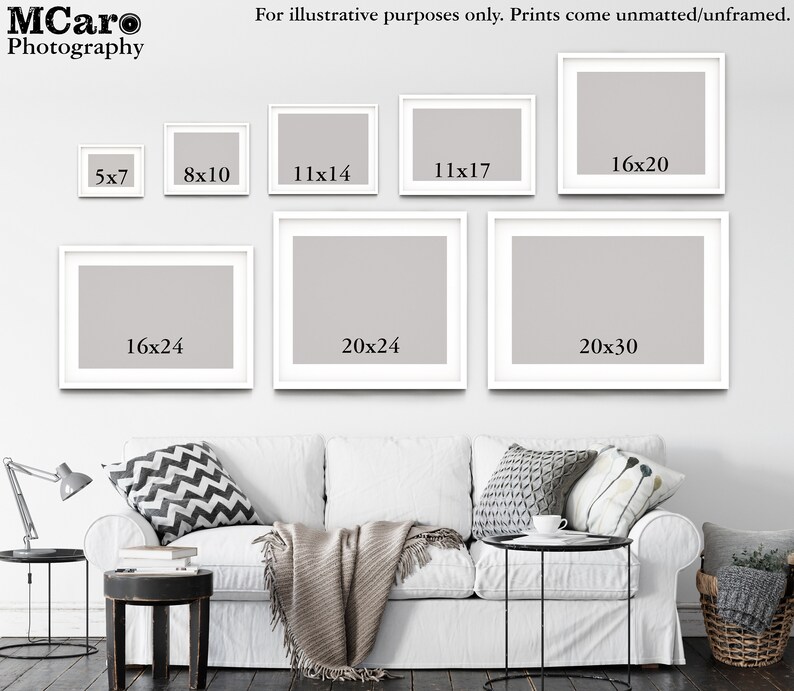 May include: A white wall with a variety of white picture frames of different sizes. The frames are arranged in a grid pattern. The frames are labeled with the dimensions of the prints they could hold, such as 5x7, 8x10, 11x14, 11x17, 16x20, 16x24, 20x24, and 20x30.