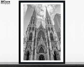 Cathédrale St Patrick, Rockefeller Center, Manhattan photo, église, impression d'art, décoration murale, noir et blanc, photographie de la ville de New York