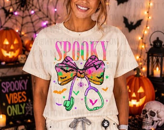 Spooky Nurse Halloween Shirt | Cute Nurse Tee | Halloween RN Shirt | Nurse Gift | Coquette Bow Stethoscope Shirt