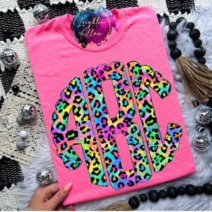 90s Neon Nostalgia Rainbow Leopard Print Monogram Graphic Tshirt