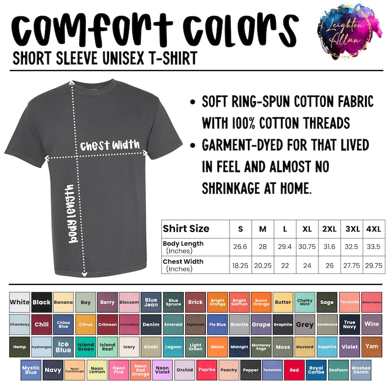 Op de afbeelding: Een donkergrijs unisex t-shirt met korte mouwen en een maattabel die de lichaamslengte en borstbreedte in inches weergeeft. De tekst bevat Comfort Colors, zachte ringgesponnen katoenen stof en een raster met een breed scala aan kleurnamen.