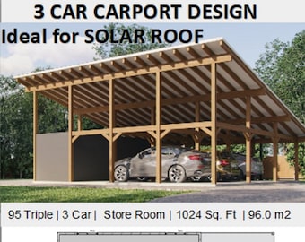 May include: A 3-car carport design with a solar roof and a storage room. The carport is made of wood and has a white roof. The storage room is located on the left side of the carport. The design includes a drive-through feature. The carport is 1024 square feet or 96.0 square meters.