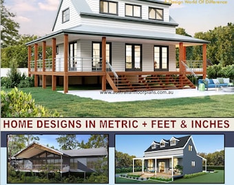 May include: A flyer advertising modular home designs. The flyer features a white house with a large porch and a green lawn. The text on the flyer reads "Most Popular Kit Homes", "Book of Our Best 24 Modular Home Designs", "Home Designs in Metric + Feet & Inches", and "DIY Construction".