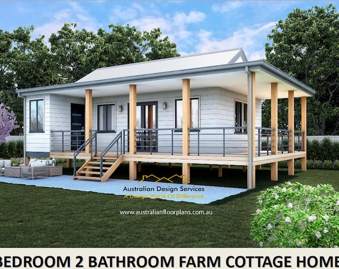 Country Cottage 2 Bed + 2 Bath House Plans For Sale | 61.7 m2 - 664 Sq. Feet / Small Home Design Plans