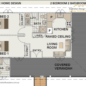 COUNTRY GRANNY FLAT  2 Bed House Plans For Sale  - Small and Tiny Home Design 60m2/ 646 Sq. / Feet Left Hand Version