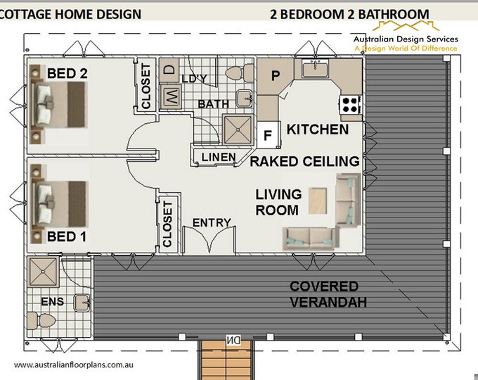 COUNTRY GRANNY FLAT  2 Bed House Plans For Sale  - Small and Tiny Home Design 60m2/ 646 Sq. / Feet Left Hand Version