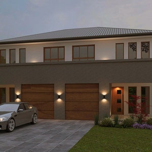 Casa su due livelli moderna con 6 camere da letto, design di una villetta a schiera, 300 m², 300 metri quadrati, pianta bifamiliare, soluzioni abitative multiple, abitazione doppia con letti singoli