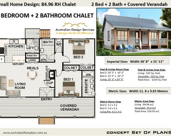Small Chalet Home Design - 2 Bedroom  2 Bathroom House Plans For Sale | 84.9 m2 -914 Sq. Feet