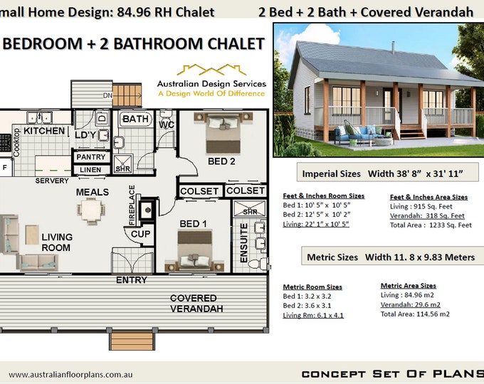 Small Chalet Home Design - 2 Bedroom  2 Bathroom House Plans For Sale | 84.9 m2 -914 Sq. Feet