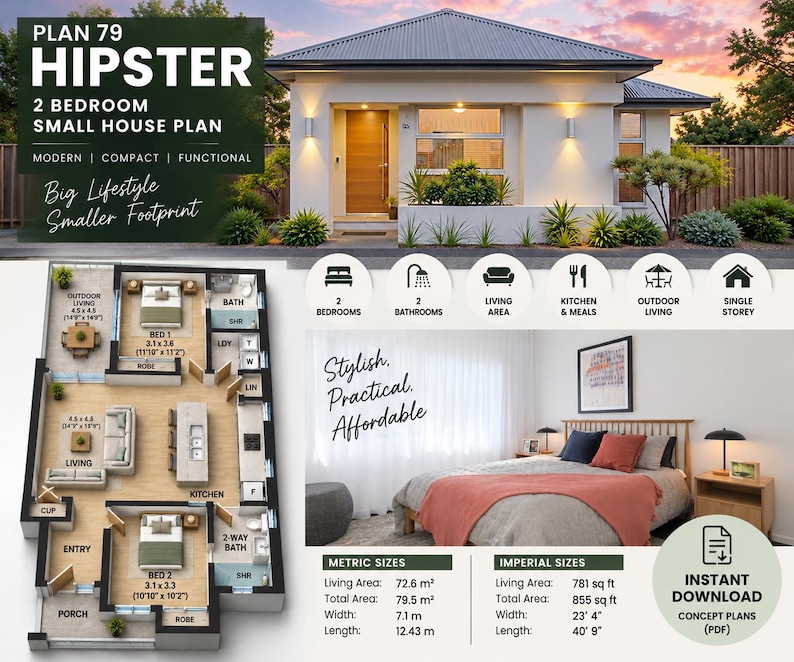 2 Bedroom Small House Plans | Modern Home Design | 2 Bath Floor Plan ...