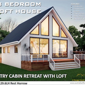 COUNTRY CABIN RETREAT - architectonisch concept huisplannen | Huisplattegrond huisje met loft-plattegrond metrisch/voeten en inch (3 slaapkamers)