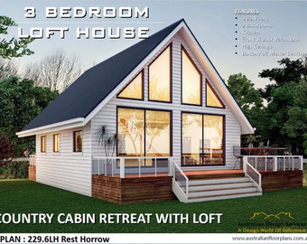 CABINE DE CAMPAGNE - plans architecturaux de maison | Chalet avec mezzanine : plan de maison en métriques/pieds et pouces / 3 chambres à coucher