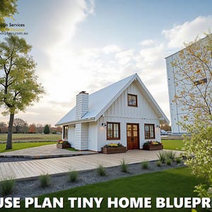 May include: A white tiny house with a gabled roof and a wooden front door. The house has a small porch with a wooden deck and a green lawn in front of it. The house is surrounded by trees and bushes. The text "HOUSE PLAN TINY HOME BLUEPRINTS" is at the bottom of the image.