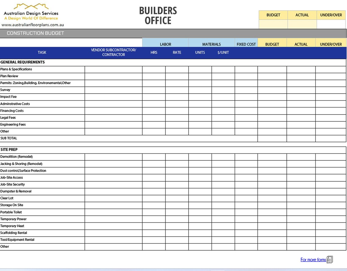 PDF CONSTRUCTION BUDGET Template Cost Breakdown Ideal for New Home
