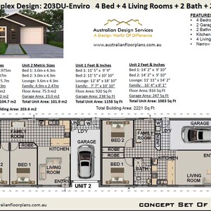 Puede incluir: Plano arquitectónico de un dúplex en esquina, que muestra dos unidades con cuatro dormitorios, dos baños y un garaje cada una. El plano incluye dimensiones en pies y pulgadas, y el área total del edificio es de 2221 pies cuadrados. La imagen también muestra una vista frontal de la casa.