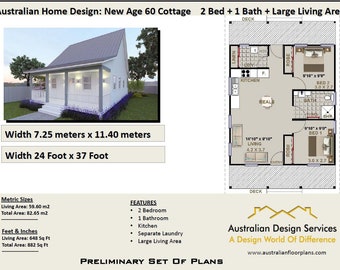 Small Cottage House Plan | 59 m2 Living area or Total 82.65 m2 or 882 sq foot -settlers cottage Plans Sale in Metric and Feet & Inches