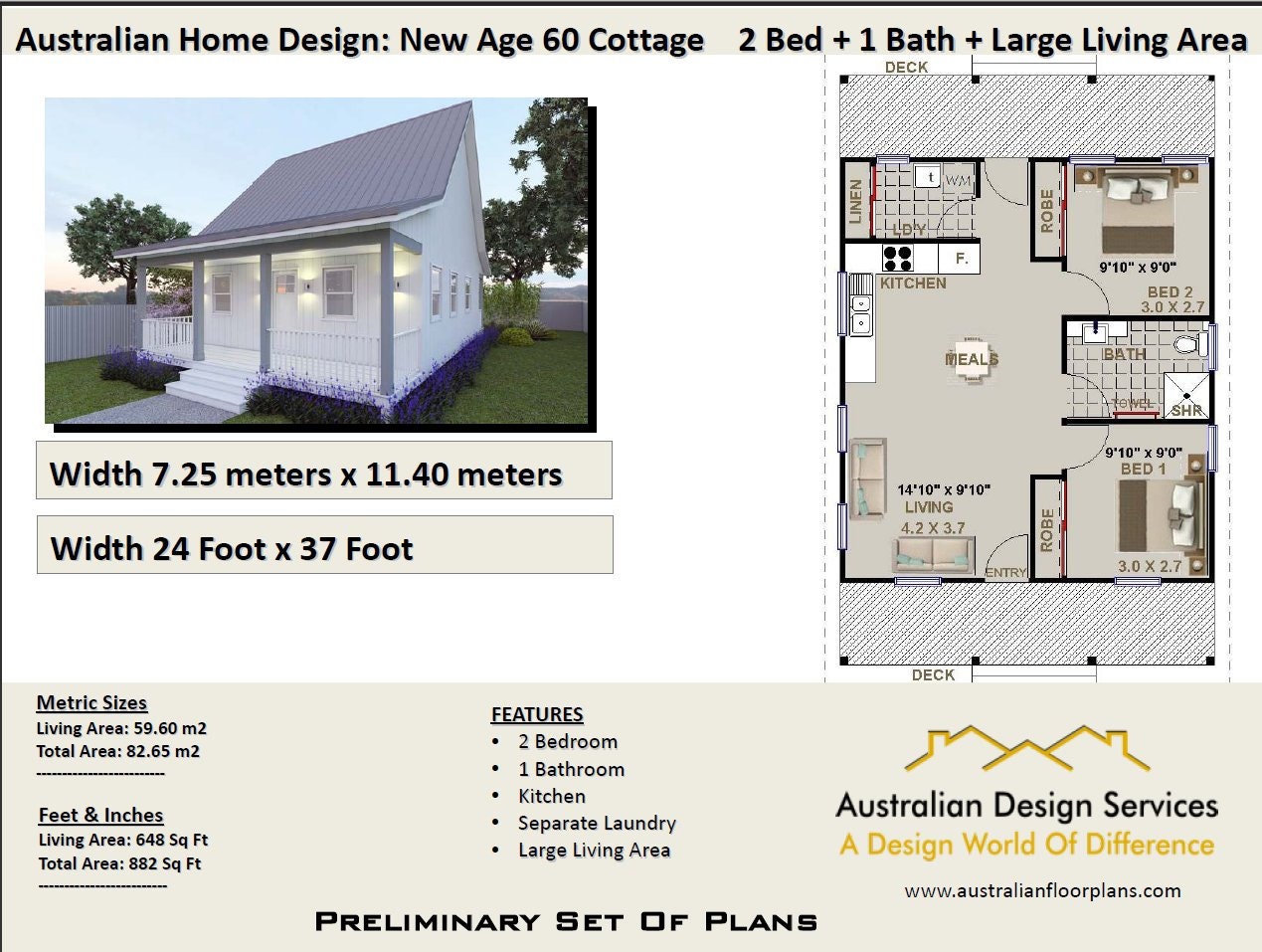 Small Cottage House Plan 59 m2 Living area or Total 82.65